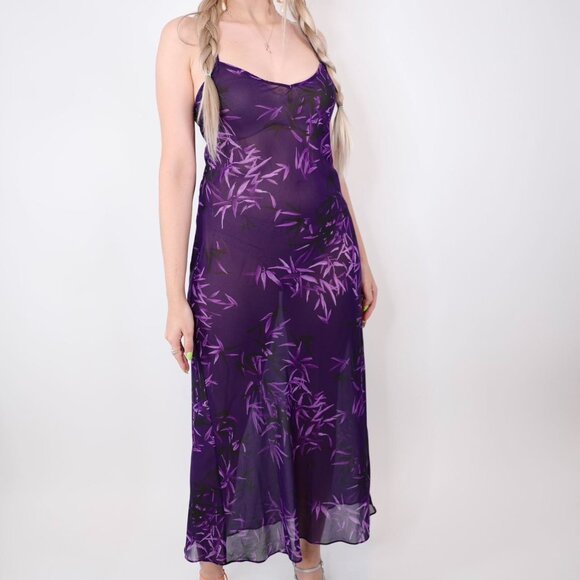 CALVIN KLEIN PURPLE BAMBOO LEAVES SHEER NIGHTGOWN - Picture 6 of 6